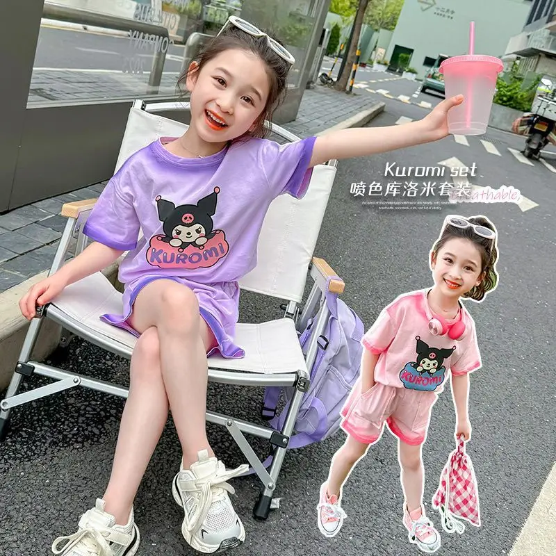 

Girly Heart Ins Kuromi Anime Kawaii Sanrio Summer Children Short Sleeve Pants Set Cute Cartoon Fashion T Shirt Clothins Gifts