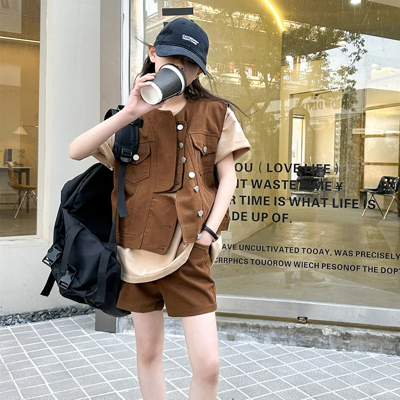 

Children's Sets Teens Clothing Vest Jacket+Short Sleeve T Shirt+Shorts Pants Three piece Outfits for Girl and Boy Summer Autumn