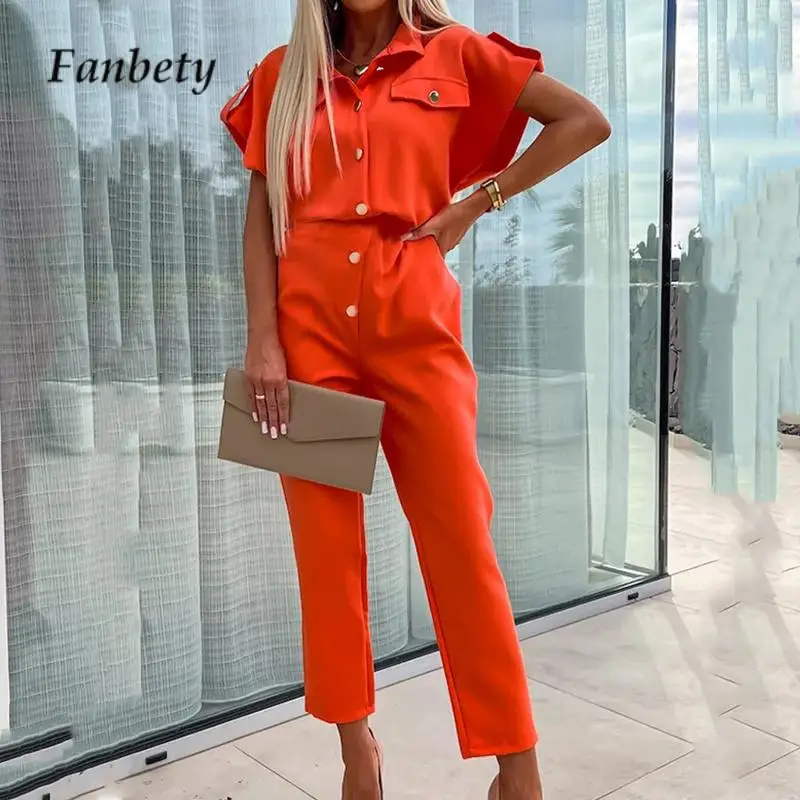 

Elegant Lapel Button Shirt Playsuit Fashion Short Sleeve Office Jumpsuit Casual Ladies Solid Color Waisted Straight Pants Romper