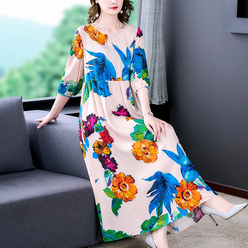 

2023 New Fashion Silk Printed Dress Women's Summer Versatile Round Neck 3/4 Sleeve Loose Fit Casual Holiday Dress Vestidos