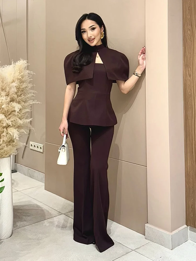 Halbrollkragen-Cape-Tube-Top-Anzüge für Damen, elegantes, kurzärmliges, schulterfreies Oberteil mit Taillenbetonung, schickes Büro-Outfit, Clubwear, Neu – Detail 25