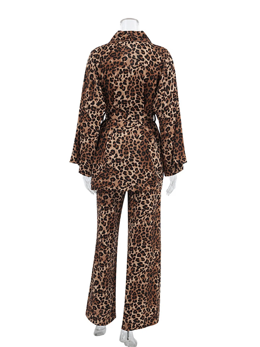 Marthaqiqi Leopard Print Women'S Sleepwear Set V-Neck Pajamas Long Sleeve Nightie Lace Up Nightwear Pants Casual Nightgowns Suit
