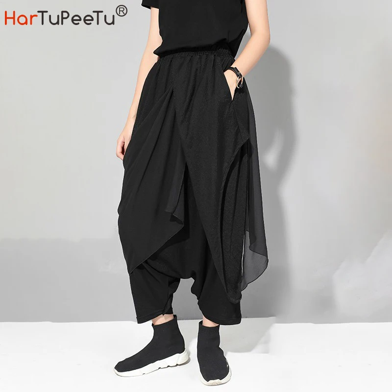 Black Cross Pants Harajuku Women 2022 Summer Fashion Trousers Thin Patchwork Layered Chiffon Hip Hop Drop Crotch Streetwear women s jeans irregular cross waist high waisted thin straight drape drag trousers