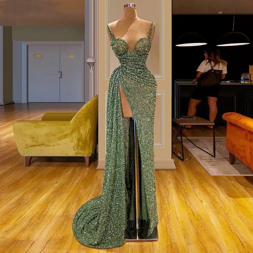 

2022 Spaghetti Straps Elegant Vestido De Gala Green Sequin Mermaid Prom Dresses Women Formal Party Night Side Split Evening Gown