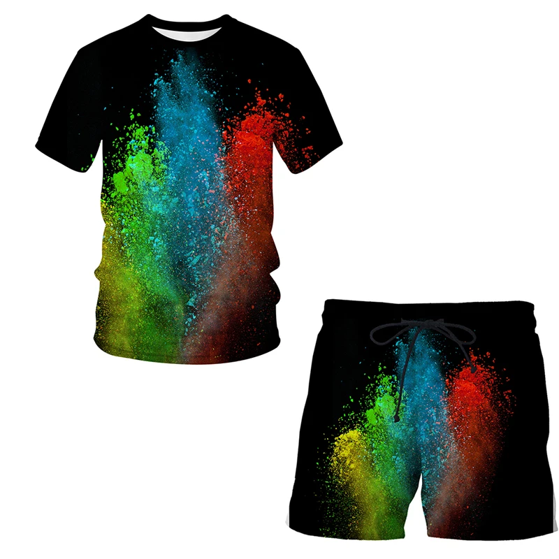 

Men's Casual Shorts Hip Hop Streetwear Male Short Pants 3D print Splash tie dyeing T Shirts+Shorts Two Pieces Sets Shorts Homme