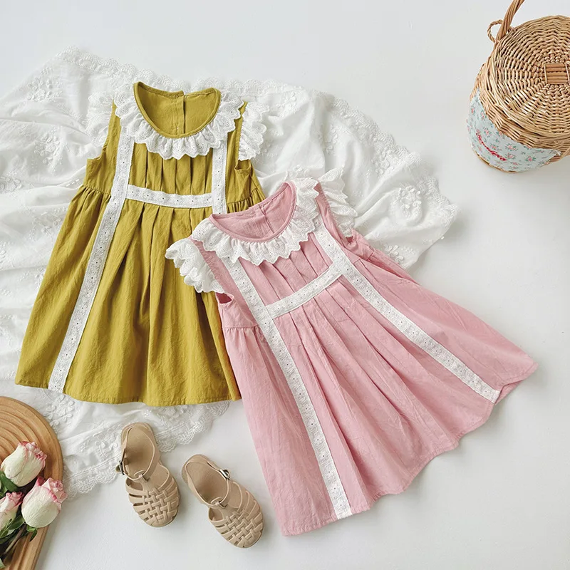 

Niche Children's Lace Ruffled Collar Pleated Girls' Dress2024Summer New Flying Sleeve Lace Sweet Princess Dress-MR