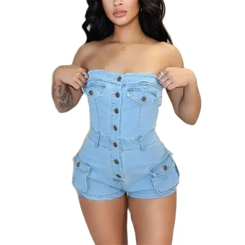 Women One-line Collar Sleeveless Denim Jumpsuit Shorts Fashion Casual 3D Pocket Rompers Female Single-breasted Splice Playsuits