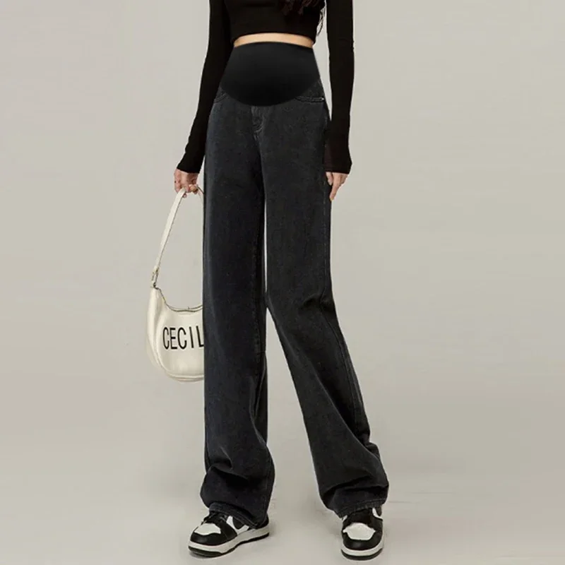 winter maternity pleuche trousers thick warm black pregnant woman belly pants long loose casual pregnancy sweatpants sport pants Thin Wide Legs Denim Trousers for Maternity High Waist Floor-length Loose Pregnant Woman Casual Belly Pants Long Pregnancy Jeans