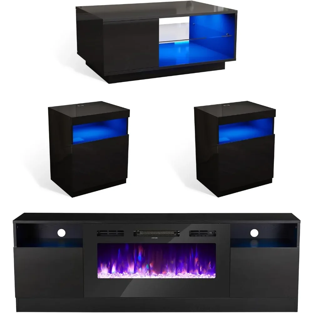 4 Piece Living Room Table Set,70" Fireplace TV Stand, Coffee Table & 2 End Tables,LED Light with Charging Station, Black
