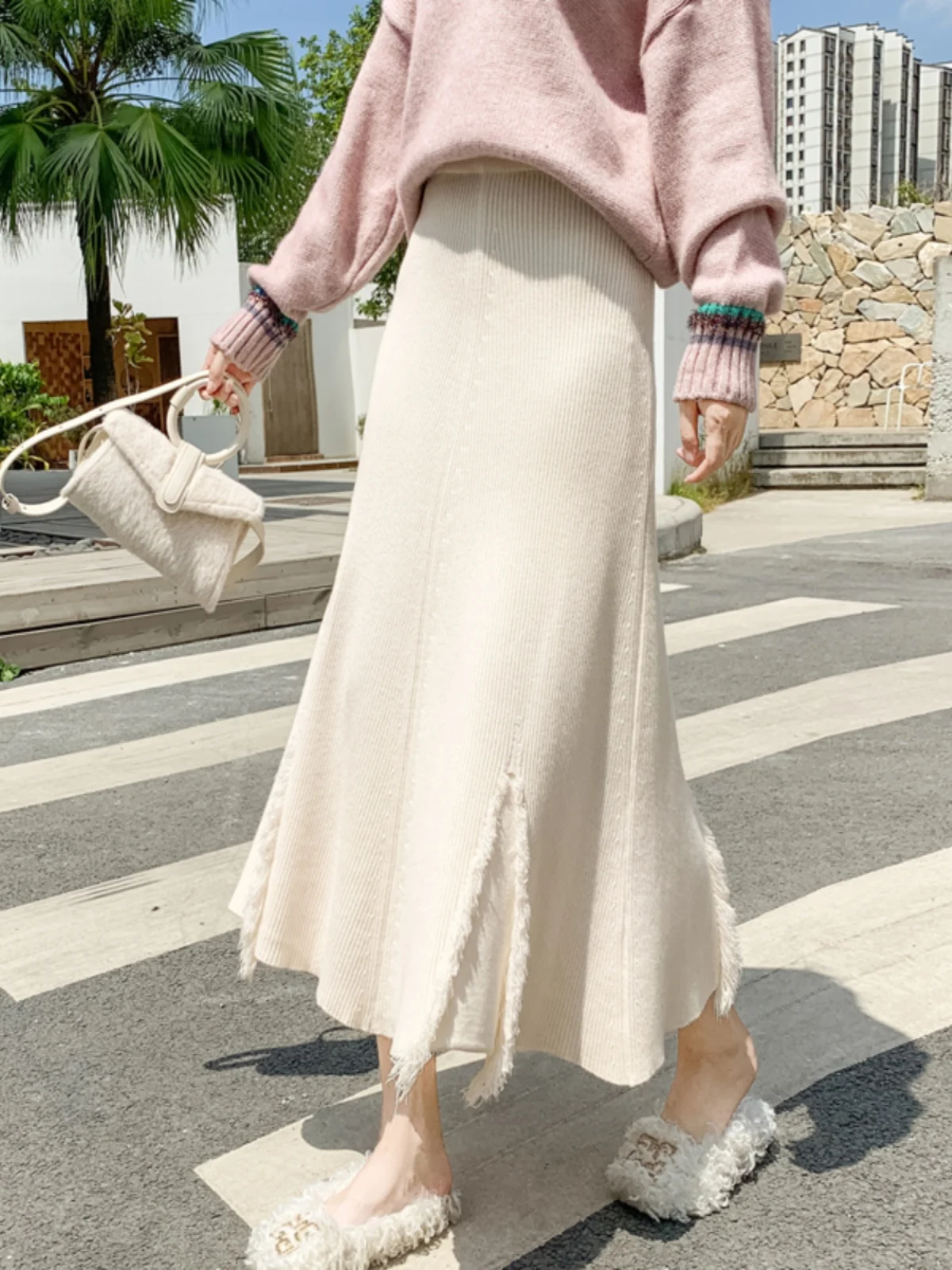 

Women Skirts Knitted Midi Skirt Autumn Winter 2023 New Arrival Elegant Slimming Pleated A Line Skirt With Tassels Fringes