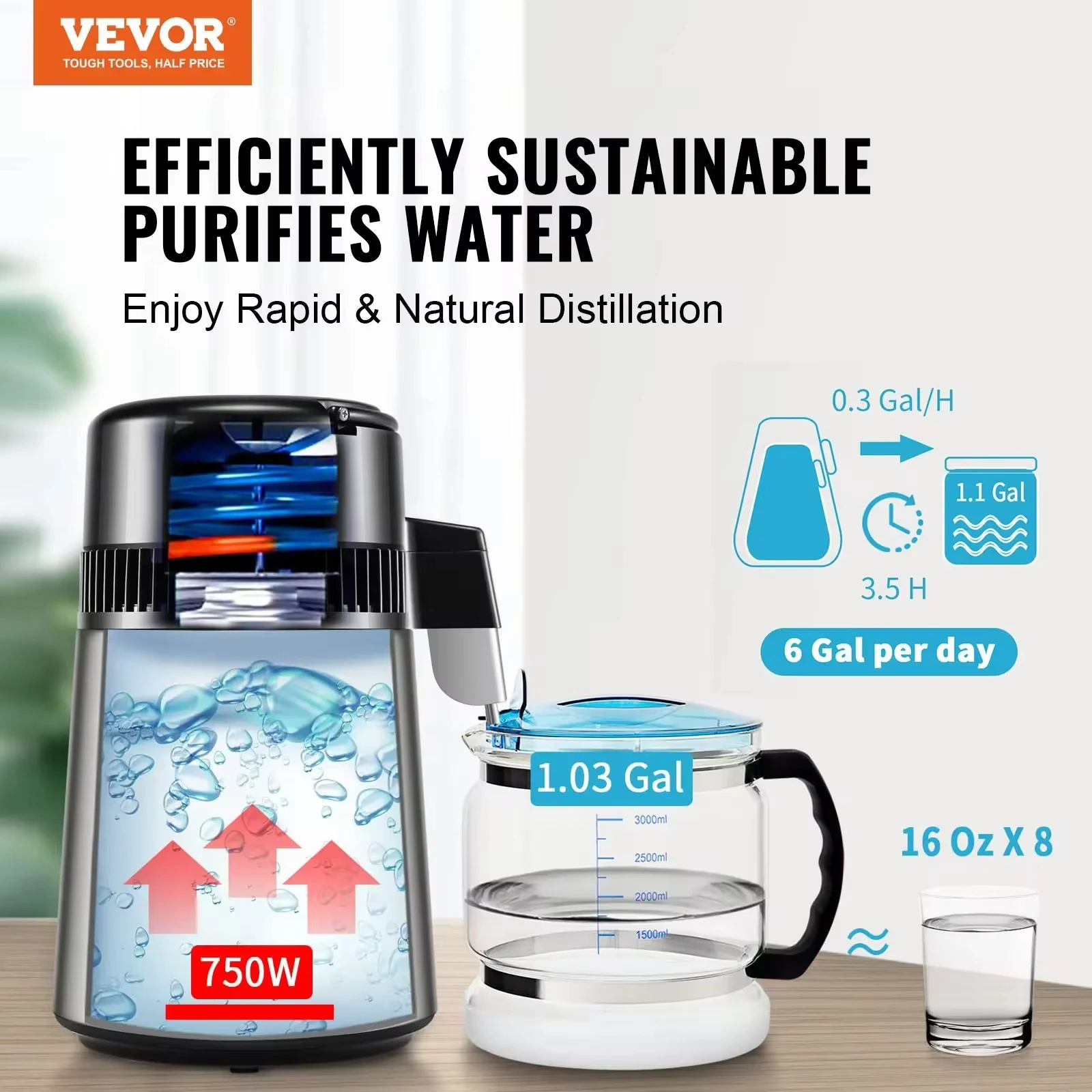 VEVOR Water Distiller Pure Water Purifier Filter For Home Countertop4L 1.05 Gallon 750W Stainless Steel Interior Distiller stainless steel distiller