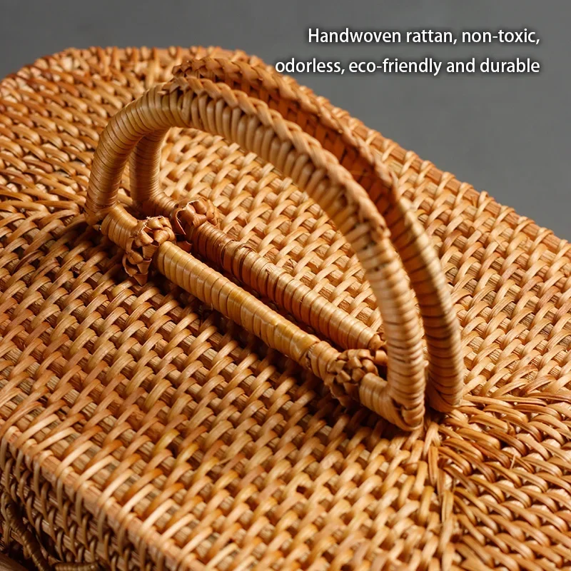 Handwoven Rattan Storage Box with Handle Wicker Ornament Box Tea Food Container Picnic Bread Fruit Cake Basket Kitchen Organizer