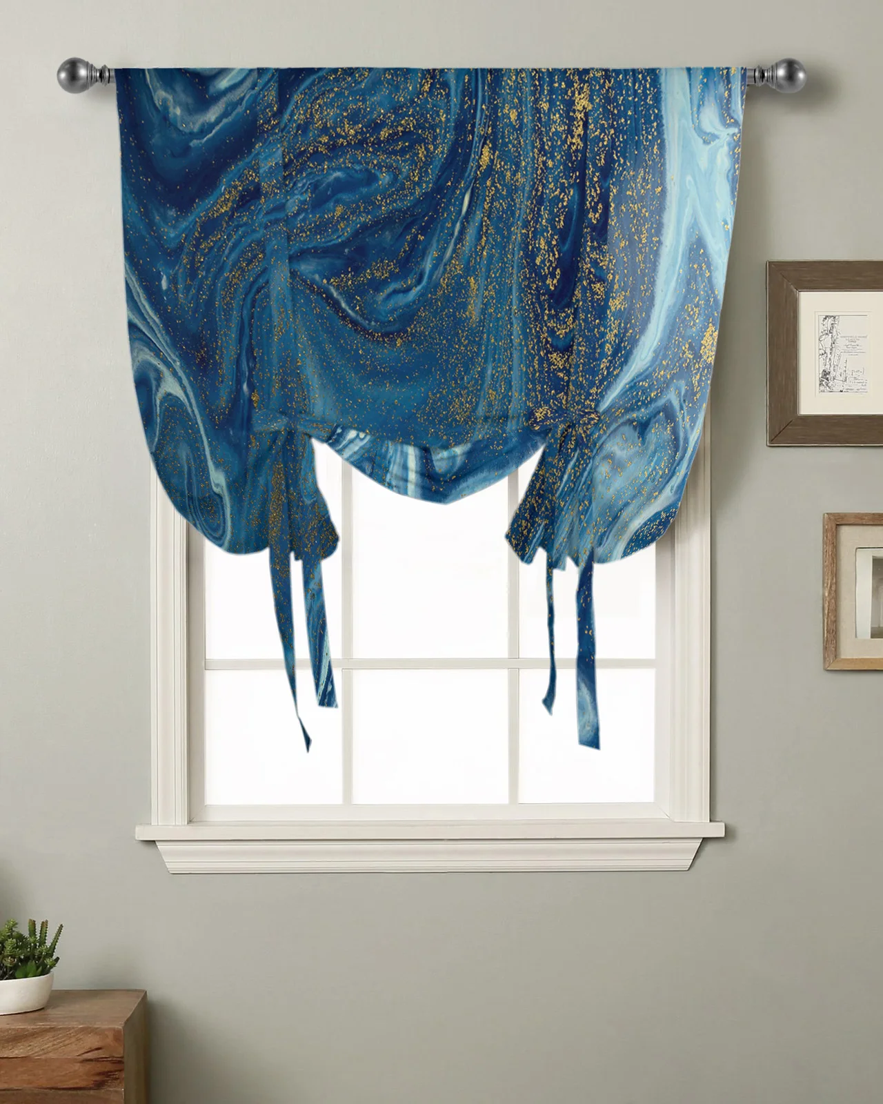 

Marble Blue Abstract Kitchen Short Window Curtain Rod Pocket Curtains Home Decor Bedroom Small Window Roman Tie Up Curtains