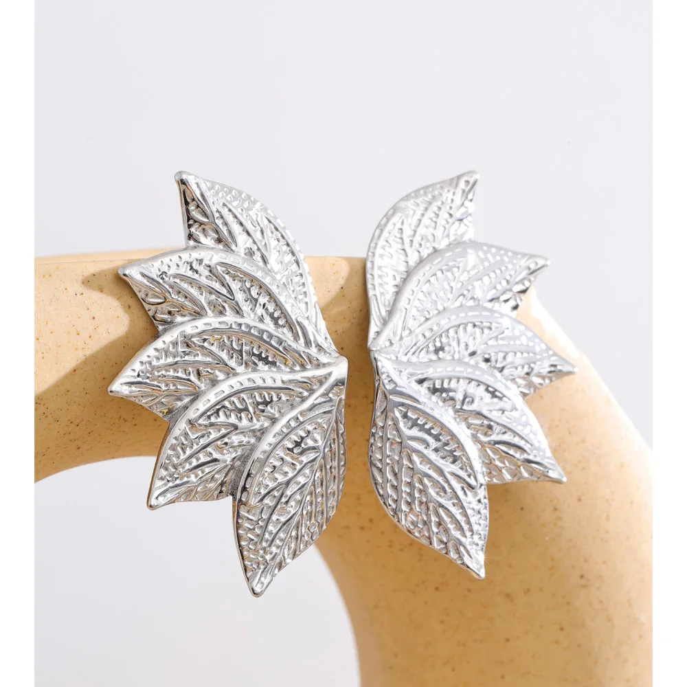 Yhpup Stainless Steel Metal Leaf Stud Earrings for Women