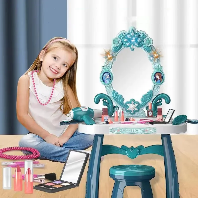 

Disney Frozen elsa anna princess Makeup game Kids Cosmetics toy lipstick ring perfume dresser dressing table chair sets gift