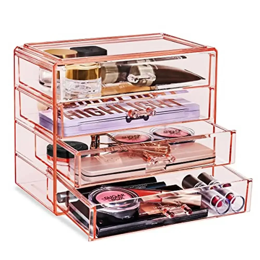 Cosmetic Organizer Set Acrylic Makeup Storage Bundle 7 Drawer Tower & 4 Drawer Jewlery Clear Pink Design Multipurpose 5