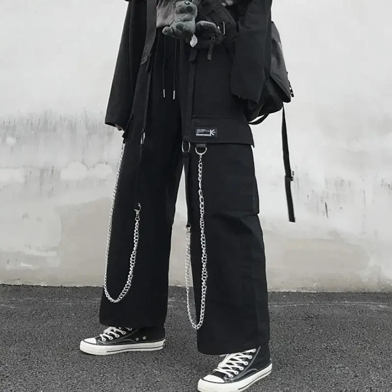 

Брюки-карго мужские с цепочкой, уличная одежда, широкие спортивные штаны в стиле хип-хоп, мешковатые винтажные брюки-султанки в стиле панк, с эластичным поясом, черные