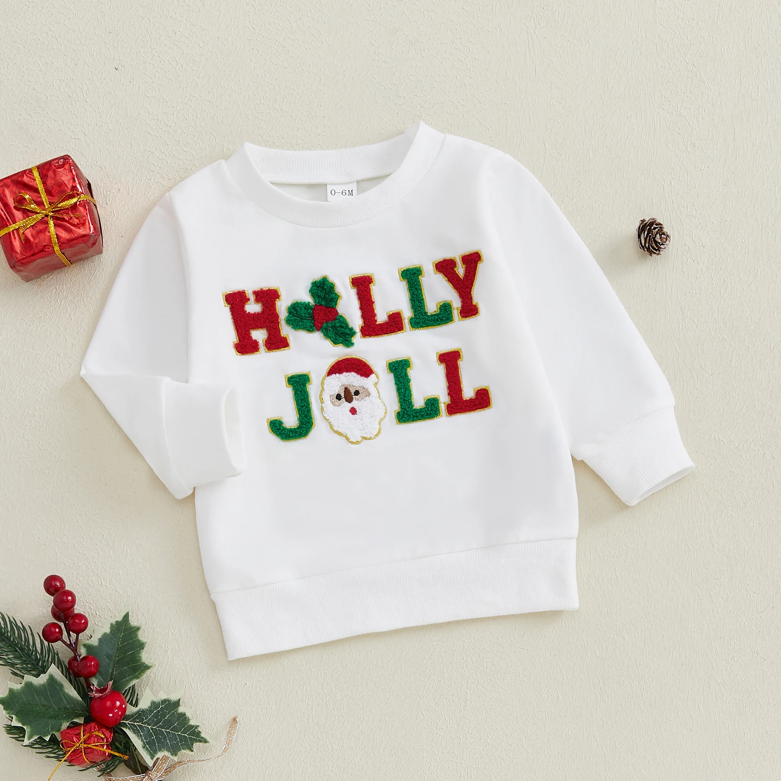 Newborn Baby Boy Girl Christmas Sweatshirts Santa Holly Leaf Embroidery Long Sleeve O Neck Pullovers Toddlers Fall Winter Tops