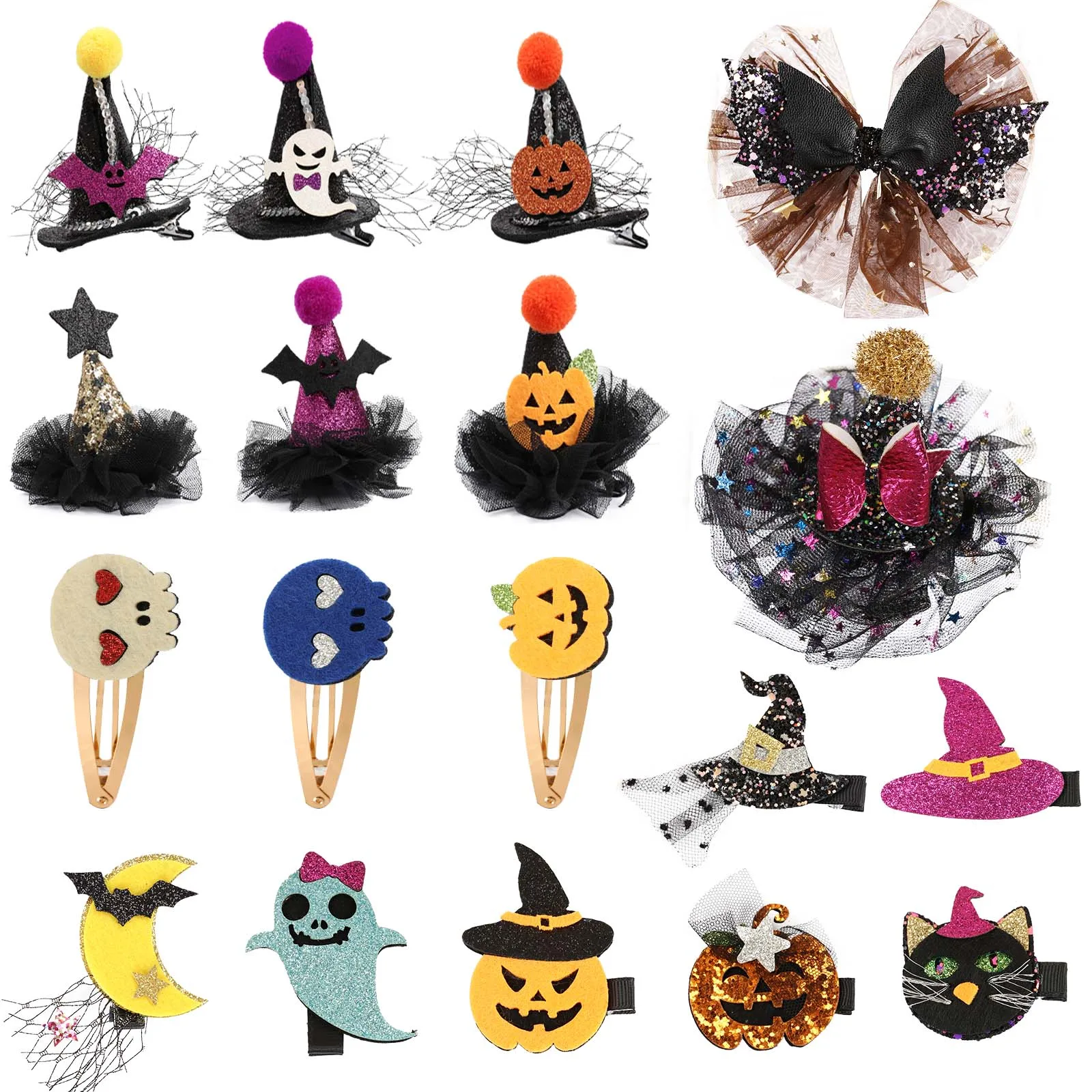 

Cartoon Pompom Hair Clips Halloween Witch Hat Hairpin For Baby Girls Ghost Pumpkin Net Hairgrips Barrettes Kids Hair Accessories