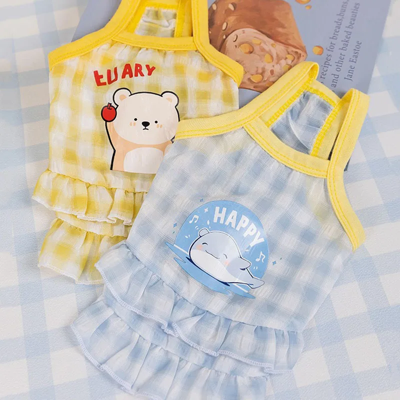 Spring Puppy Clothes Macaroon Plaid Cartoon Pet Halter Dress Breathable Mesh Dress Teddy Pretty Clothes Pet Supplies