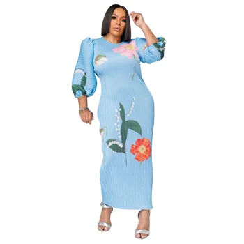 Elegante Abito Lungo da Donna con Maniche a Mezza Lanterna Plissettate, Scollo a O, Stampa alla Moda, Autunno 2026, Vestito Arricciato