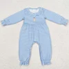 Hot Sale Baby Girls Rompers Blue Stripes Dog Embroidery Boutique Long Sleeve Rompers Kids Clothes Toddler Girls Rompers Onesie 1