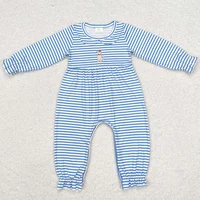 Hot Sale Baby Girls Rompers Blue Stripes Dog Embroidery Boutique Long Sleeve Rompers Kids Clothes Toddler Girls Rompers Onesie 1