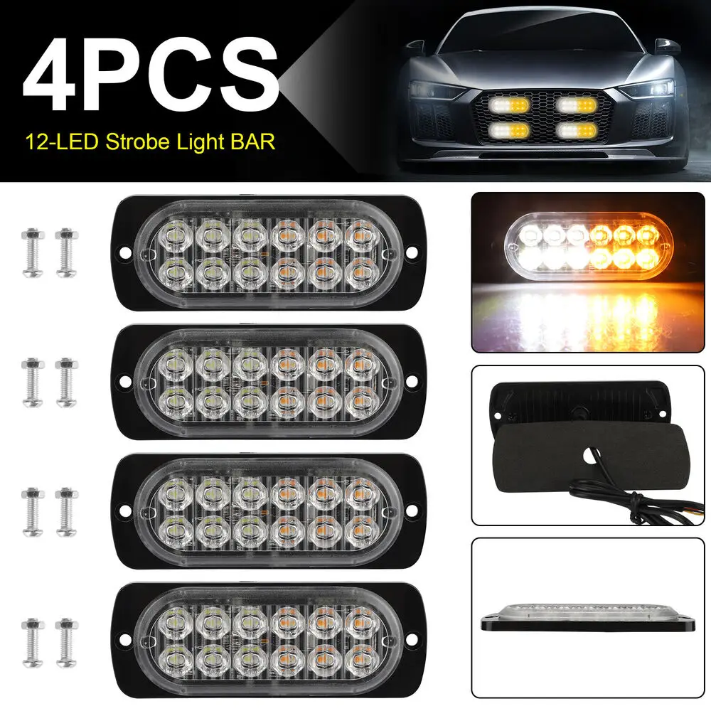 

4pcs 12 Strobe LED Amber Hazard Beacon Emergency Flashing Side Marker Light Bars Warning Signal Towing Truck Flashing Lamp
