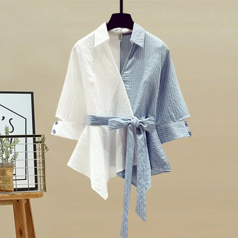 Women's Casual Clothes Summer Suit Temperament Commuting Women Fashion Patchwork Fake Two-piece Shirt & Slim Jeans Two-piece Set
