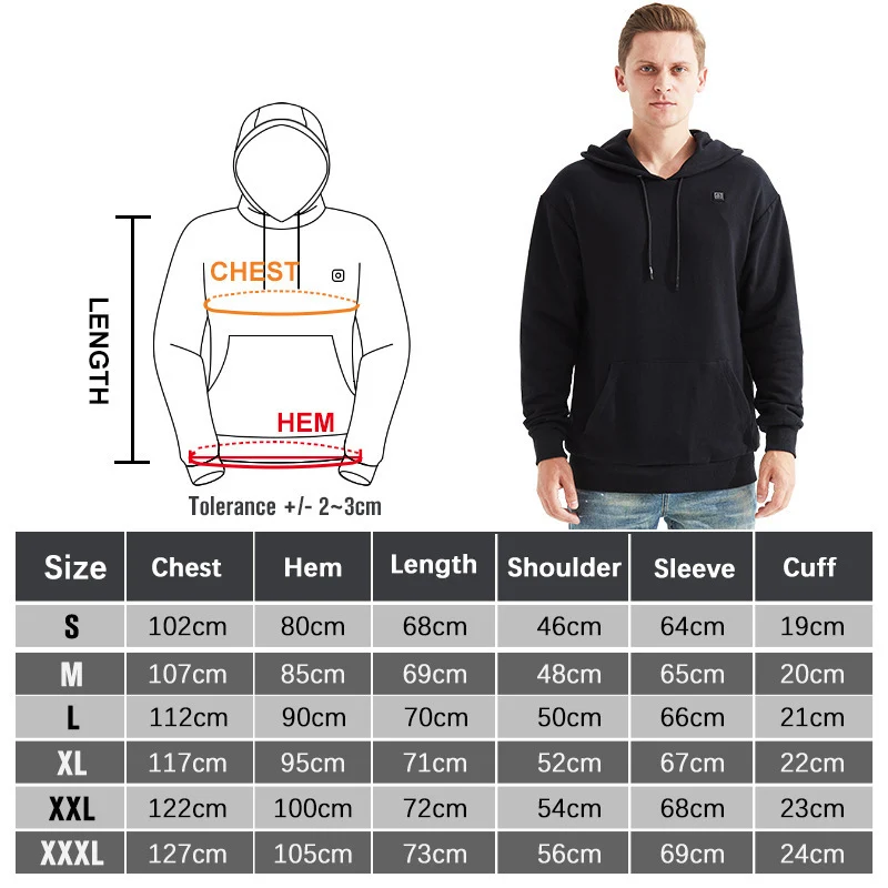 Men's heated hoodie size chart.