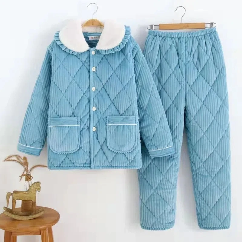 Female's Winter Thick Elastic Waist Pants SuitsMid-Long Pajamas Women's Three-Layer Velvet Coral Fleece jacket Women Home Cloth