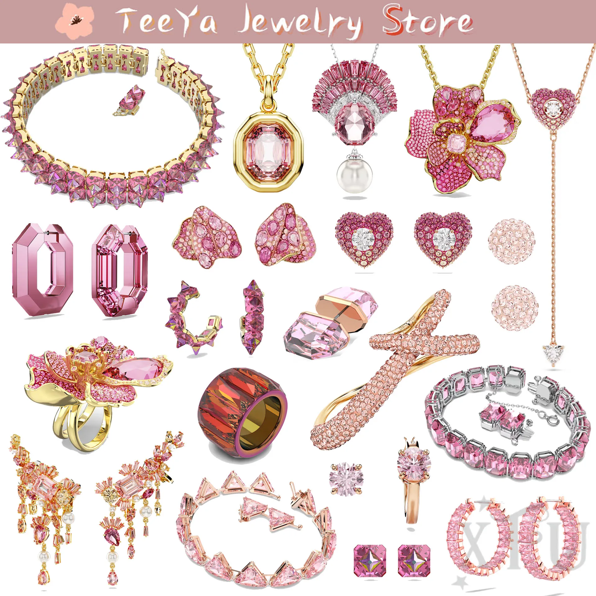 

2024 Original Pink Boutique Crystal Jewelry Necklace Fashion Luxury Square Ring Earrings Bracelet Charming Women's Romantic Gift