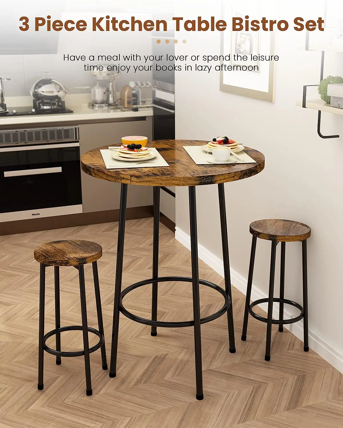 3 Piece Pub Dining Set, Modern Round bar Table and Stools for 2 Kitchen Counter Height Wood Top Bistro Easy Assemble