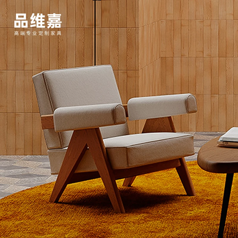 

Custom designer chair leather sofa chair living room light luxury vintage solid wood sofa wabi sabi style single lounge chair