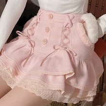 

HOUZHOU Kawaii Mini Skirts Women Autumn Winter Fairycore Japanese Sweet Bandage Lace Pink High Waist A-line Ruffle Layer Skirt