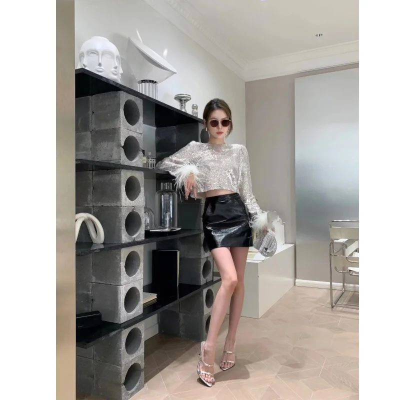 

Spliced Ostrich Hair Bottom Short Top for Women, Spring Spicy Girl, Pure Desire, Light Luxury Sequin, 24