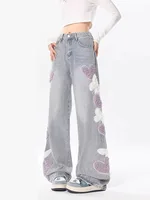 Large Size 2XL-6XL Women Loose High Waist Autumn Winter Fashion Korean Jeans Heart Shape Embroidery Blue Straight Wide-leg Pants - Image 2