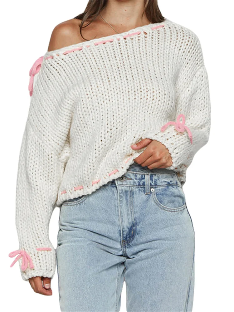 

CHRONSTYLE Women Spring Autumn Knitted Sweaters Long Sleeve Drawstring Loose Casual Pullovers Knitwear Off Shoulder Jumpers 2023
