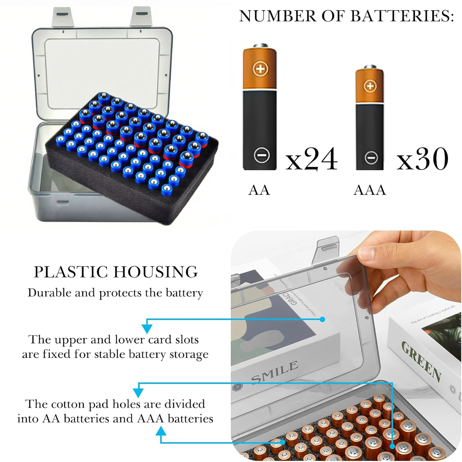 배터리 정리함 버퍼 스폰지가 있는 휴대용 배터리 상자 54개 배터리용 플라스틱 배터리 정리함 보관 케이스 AA AAA