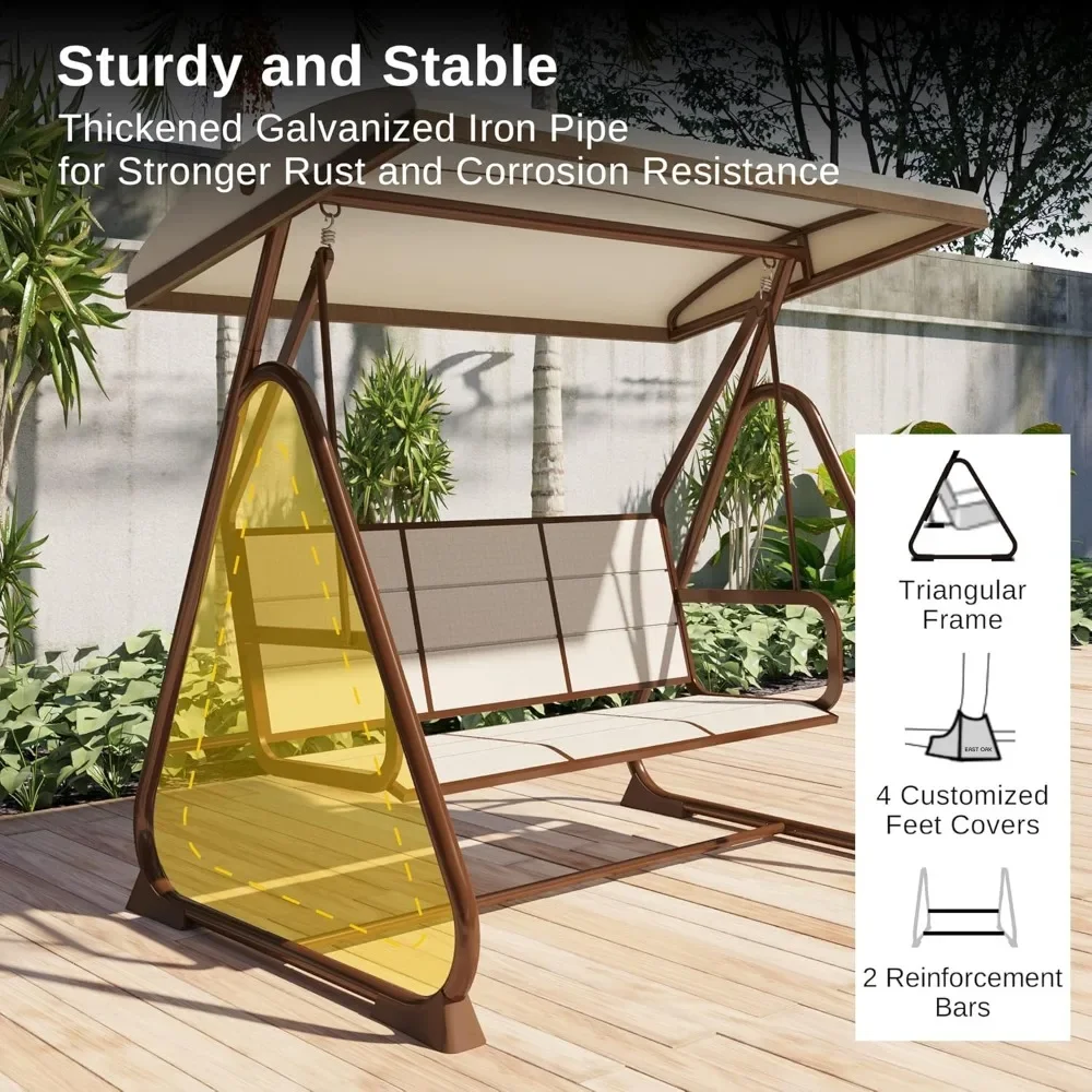 3-Person Outdoor Patio Swing Chair with Adjustable Canopy, Porch Swing with Comfortable and Breathable Seats, Outdoor Swing 5