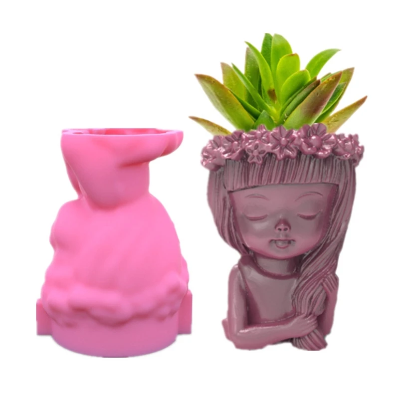 Wreath Girl Flowerpot Epoxy Resin Mold Gypsum Concrete Plaster Silicone Mould DIY Crafts Decorations Mold