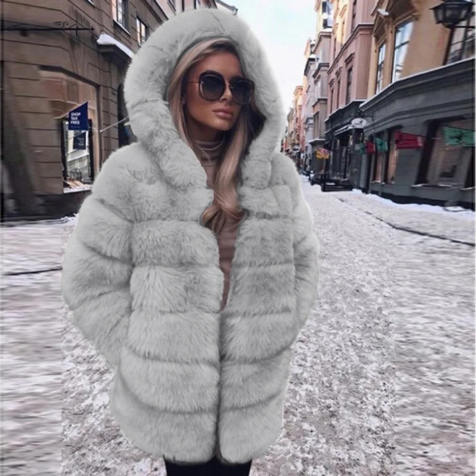 

High Qulilty Luxury Fake Fur Coat Women Loose Long Fox Fur Jacket with Big Fur Hood Full Sleeve Winter Fashion Warm Thick Fur