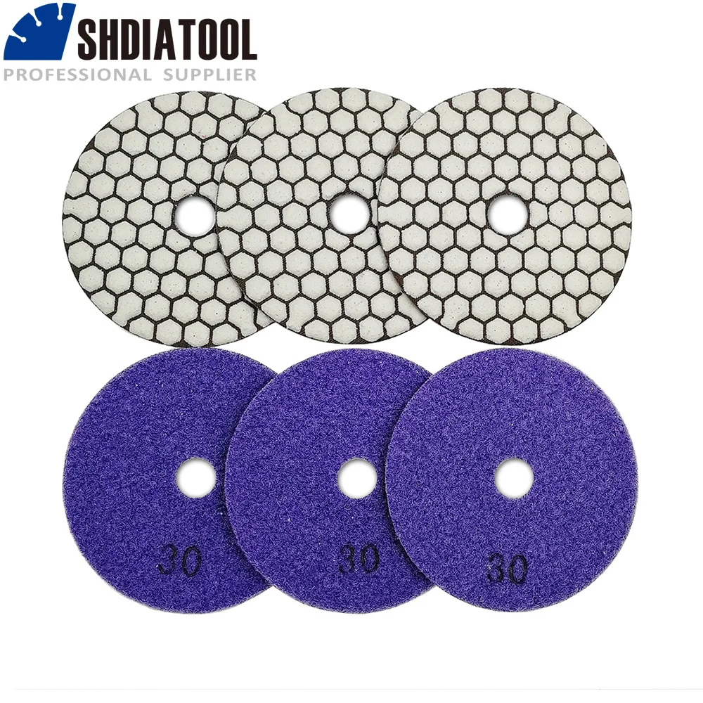 SHDIATOOL 6pcs Diamond Resin Bond Dry Polishing Pads  Diameter 4inch/100mm #30 For Granite Marble Ceramic Sanding Disc shdiatool 1pc m14 diameter 40mm vacuum brazed diamond drilling core bit crown hole saw granite marble ceramic drilling bit