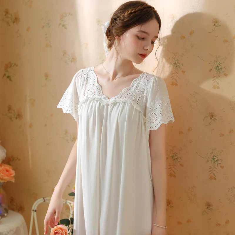 Women Homewear White Sexy Sleepwear Night Dress Lace Long