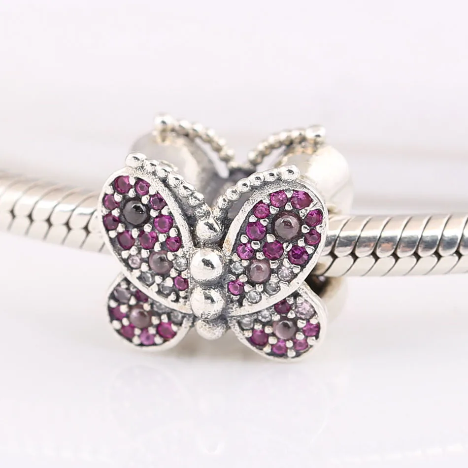 

Authentic S925 Sterling Silver Dazzling Pink Butterfly With Crystal Bead Charm Fit Women Bracelet Bangle DIY Jewelry