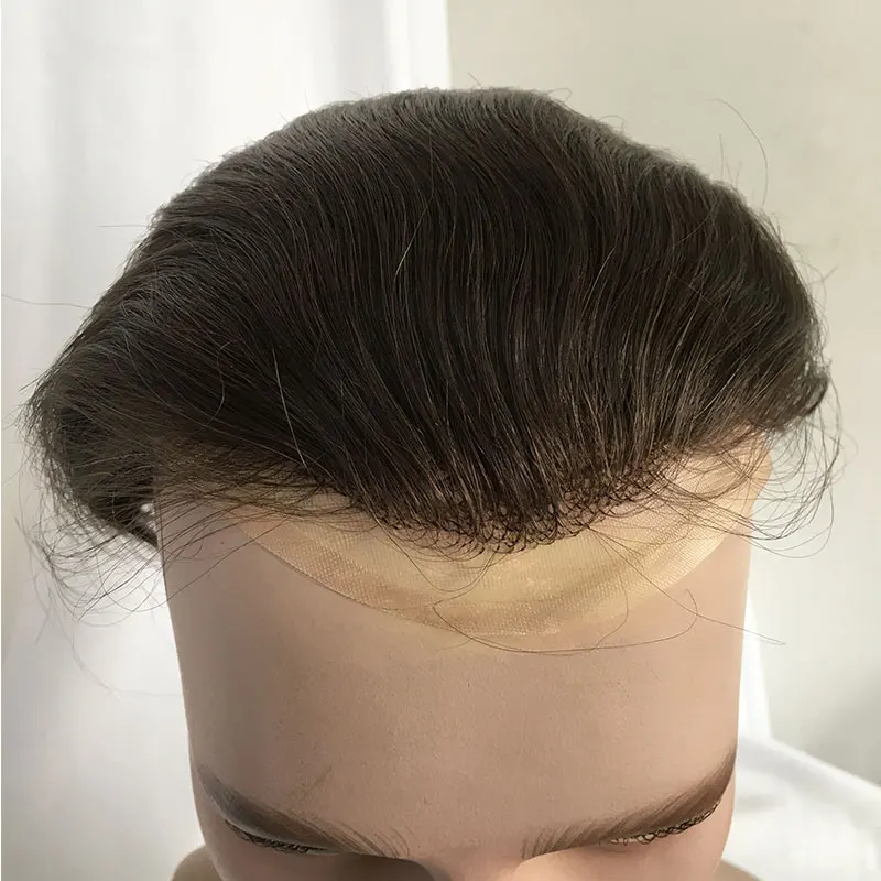Toupee 남성용 인모 교체 시스템, 모노 얇은 피부 Pu 및 프렌치 레이스 프론트 헤어 피스, 남성용 가발 4 라이트 브라운