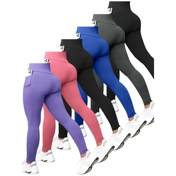 1/2/3/4PCS Women's High Waist Yoga Pants With Pocket Slim Leggings Tummy Control Lift Hips Running Workout Activewear Pants 1
