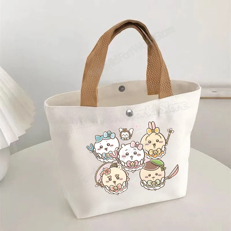 Cartoon Chiikawa Damen-Canvas-Handtasche Hachiware Usagi Tragbare Tragetaschen Niedlicher Aufdruck Kleine Tasche für Frauen und Mädchen Einkaufstasche – Detail 3