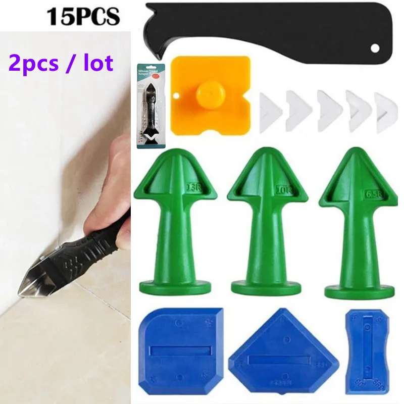 

2pcs/lot Blister 15 Pieces Silicone Nozzle Apply 3 in 1 Metal Scraper Scraper Seal Caulking Window Tile Kitchen Bathroom