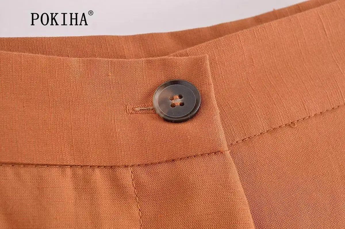 Pokiha Fashion Women Vintage Linen Front Buttons Cropped Waistcoat And Elegant Mid Waisted Midi Dress Female Chic Two_voghion.com